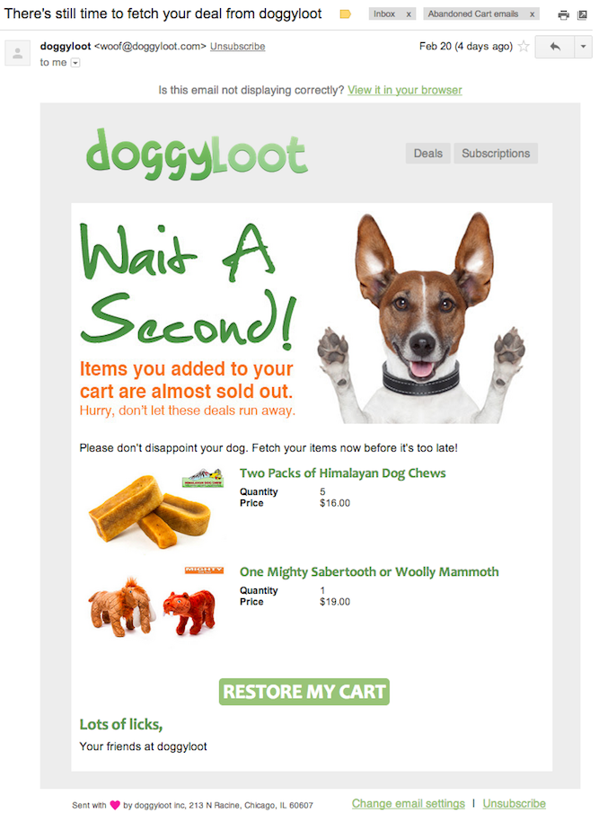 Doggyloot cart abandonment email example