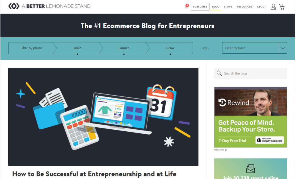 A Better Lemonade Stand E-commerce Blog Screen Shot