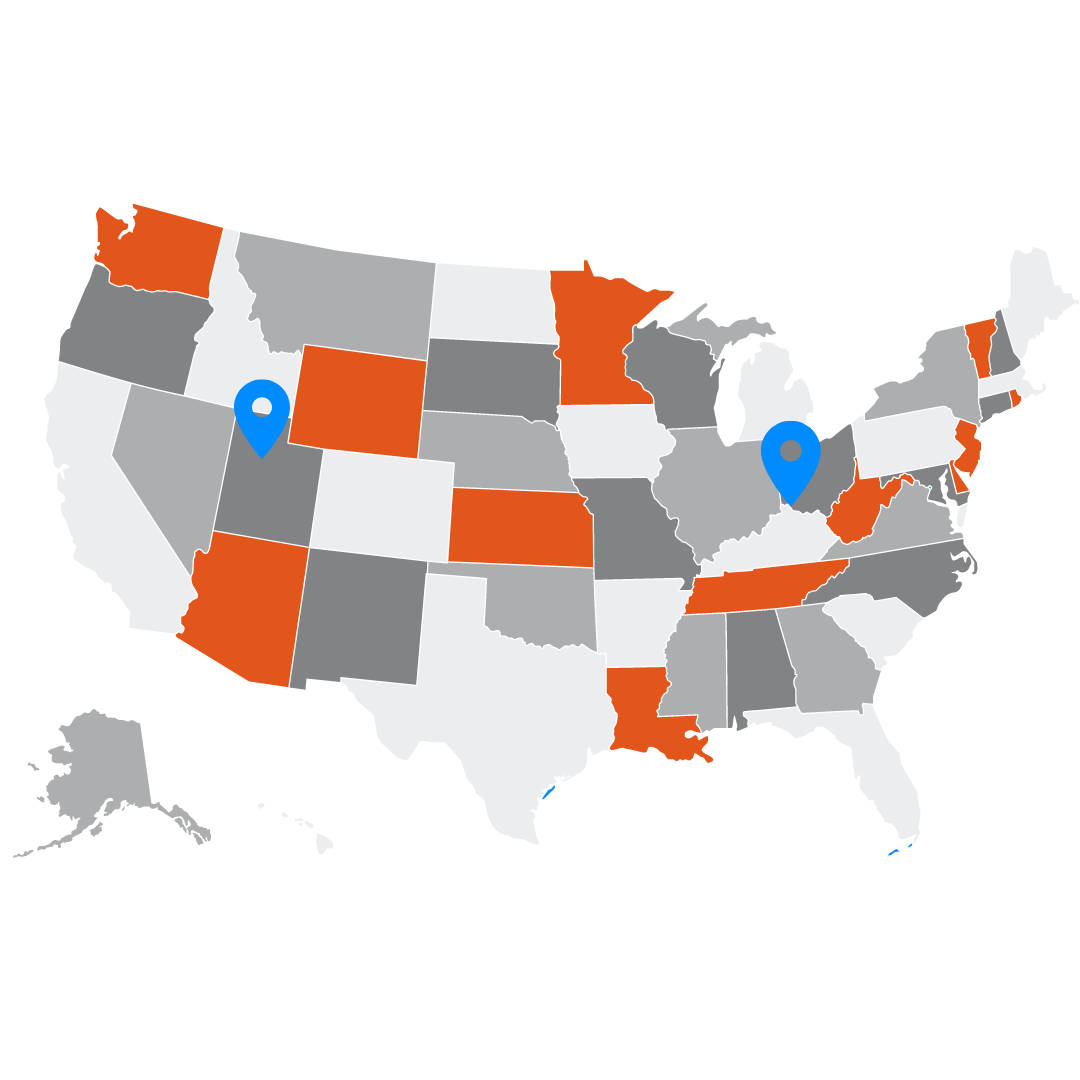 Image of USA map with Ohio and Utah pinned to show Ship Central's locations